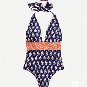 J Crew Halter V-neck one-piece in navy block print Sz 10